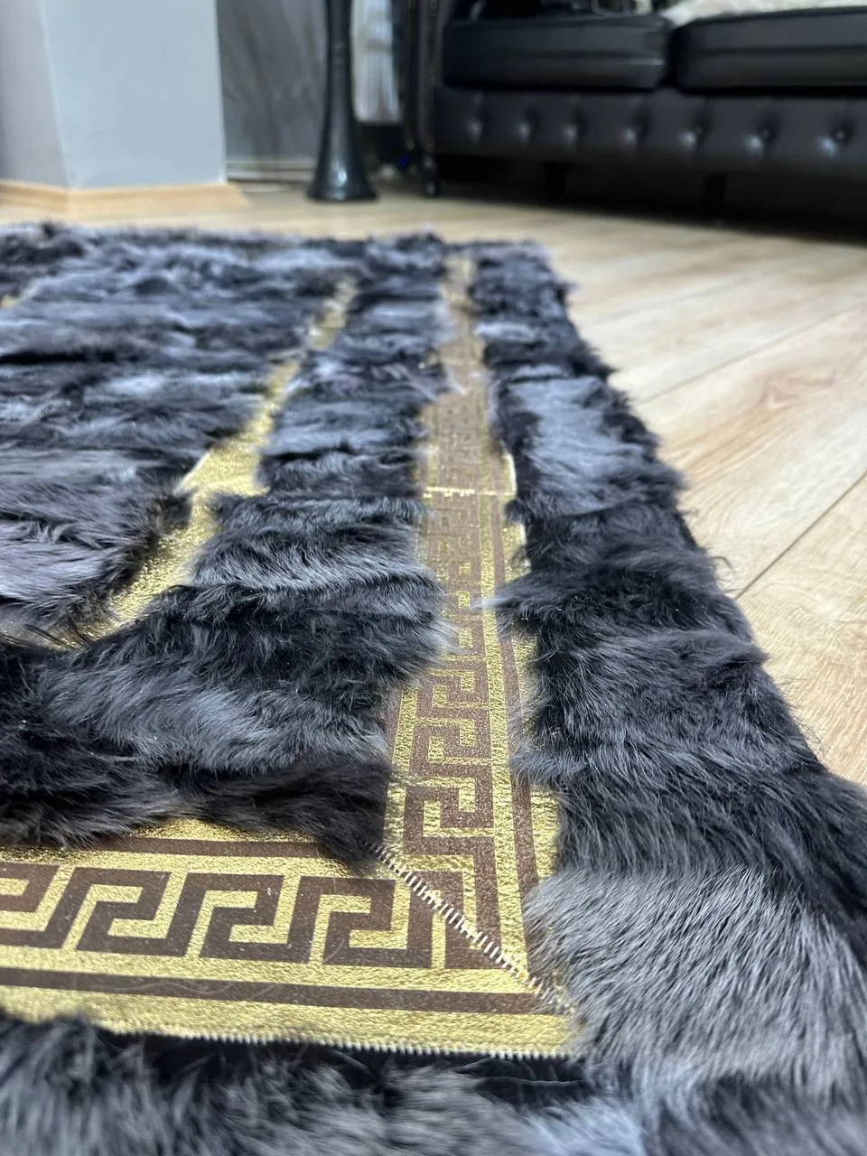 Handmade Natural Black Sheepskin Decor Office Rug,Leather Non Slip Rug