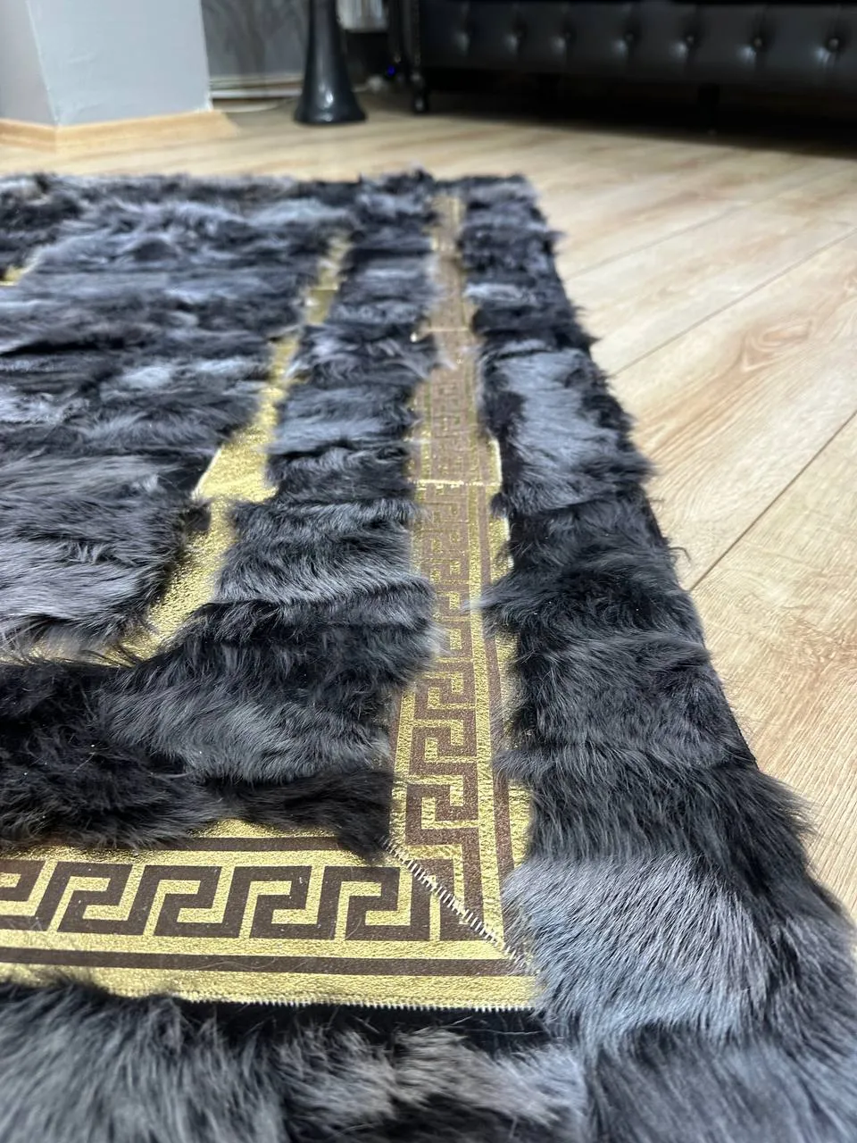 Handmade Natural Black Sheepskin Decor Office Rug,Leather Non Slip Rug