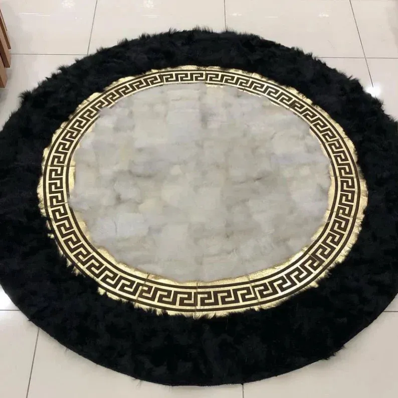 Handmade Patchwork Black White Natural Sheepskin Round Office Area Rug