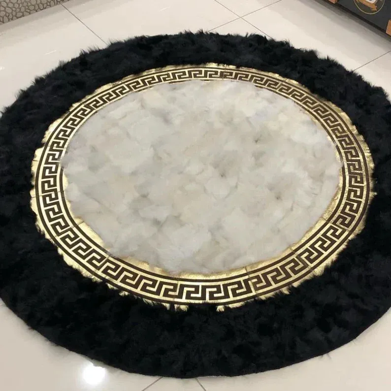 Handmade Patchwork Black White Natural Sheepskin Round Office Area Rug