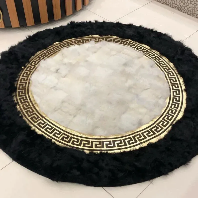 Handmade Patchwork Black White Natural Sheepskin Round Office Area Rug