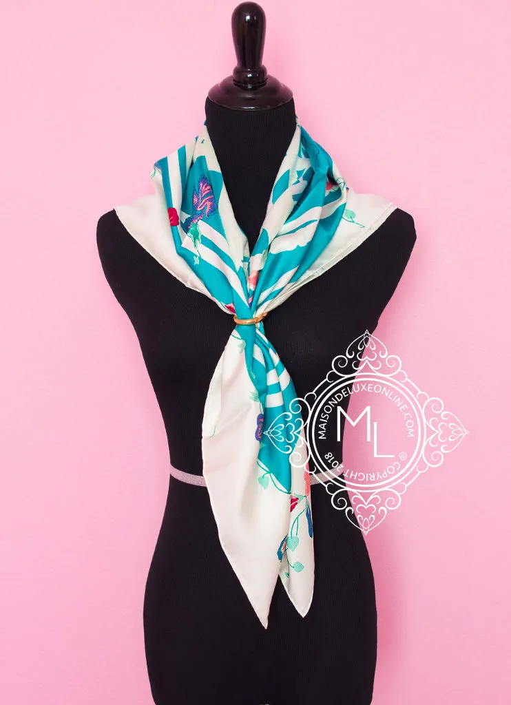 Hermes Aqua Twill Silk 90 cm Brides Fleuries Scarf