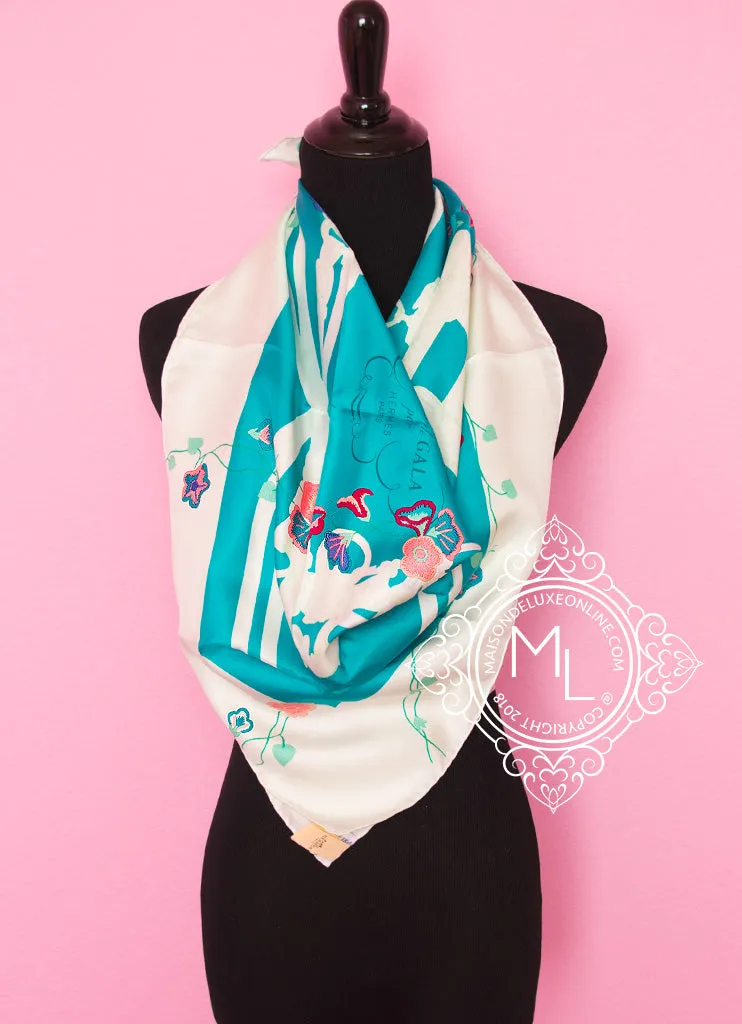 Hermes Aqua Twill Silk 90 cm Brides Fleuries Scarf