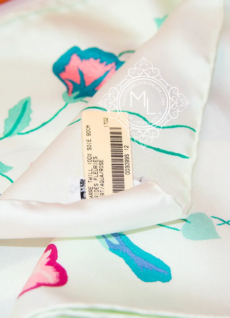 Hermes Aqua Twill Silk 90 cm Brides Fleuries Scarf