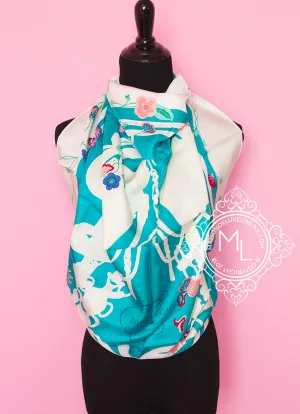 Hermes Aqua Twill Silk 90 cm Brides Fleuries Scarf