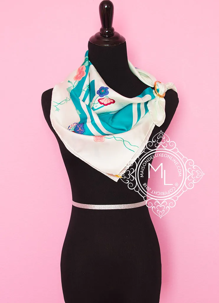 Hermes Aqua Twill Silk 90 cm Brides Fleuries Scarf