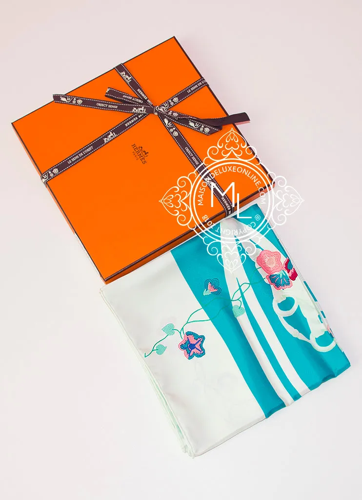 Hermes Aqua Twill Silk 90 cm Brides Fleuries Scarf