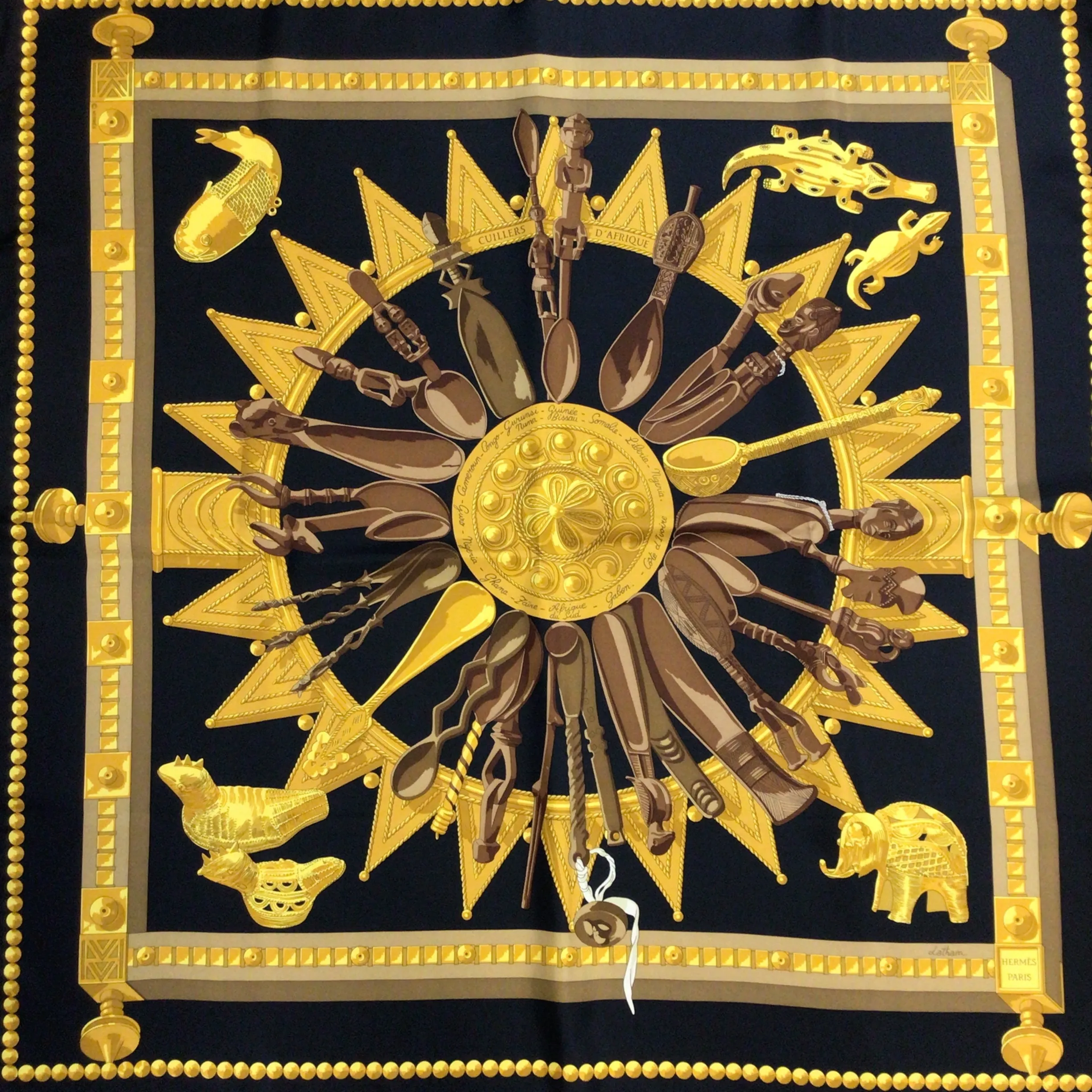 Hermes Black / Gold Cuillers d'Afrique Square Silk Twill Scarf