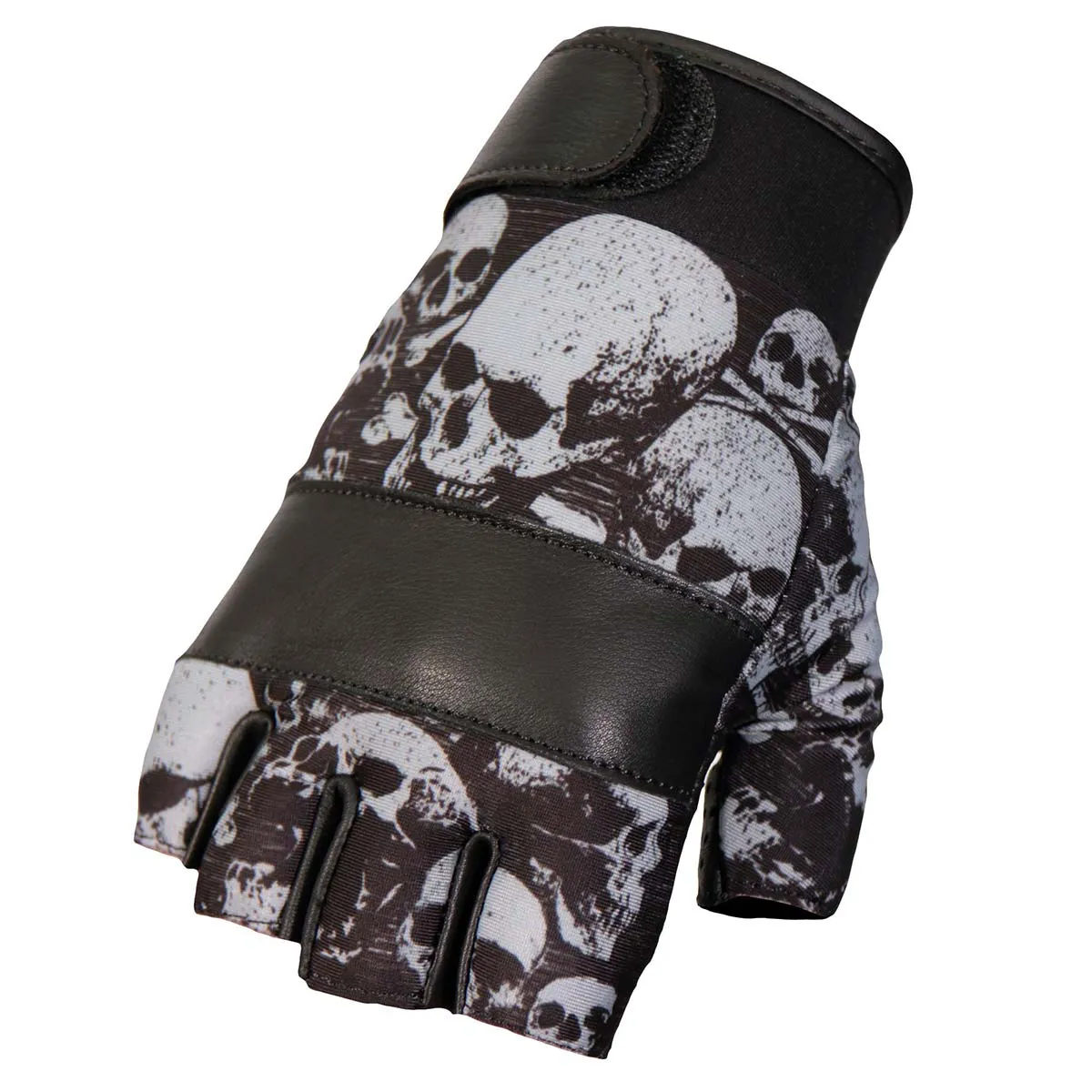 Hot Leathers GVM3009 Uni-Sex Black 'Ancient Skulls' Fingerless Leather