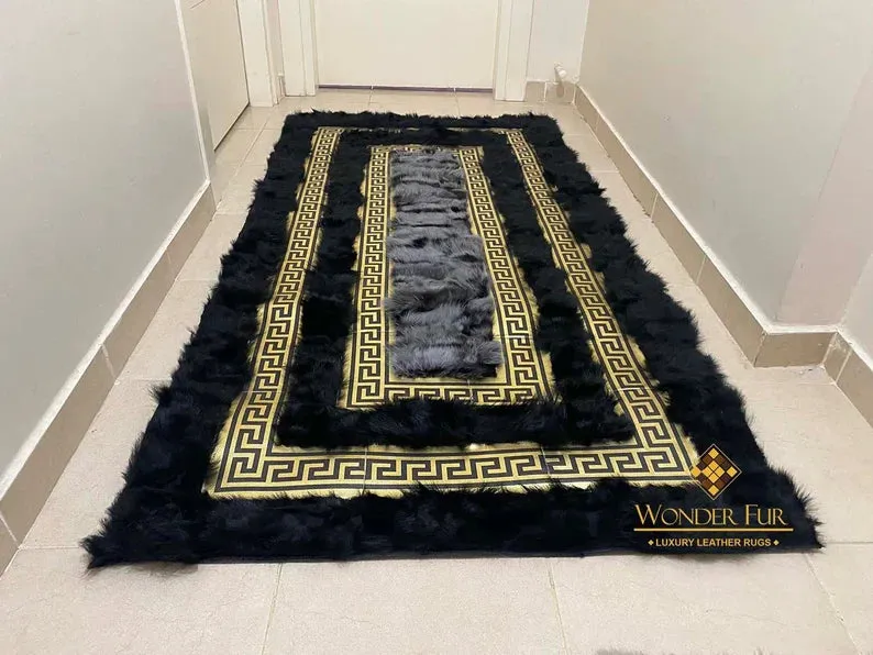 Luxury Black Gold 100% Genuine Sheepskin Runner Rug, Soft Shaggy Handmade Rug