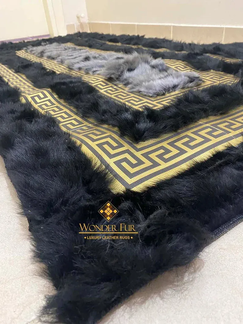 Luxury Black Gold 100% Genuine Sheepskin Runner Rug, Soft Shaggy Handmade Rug