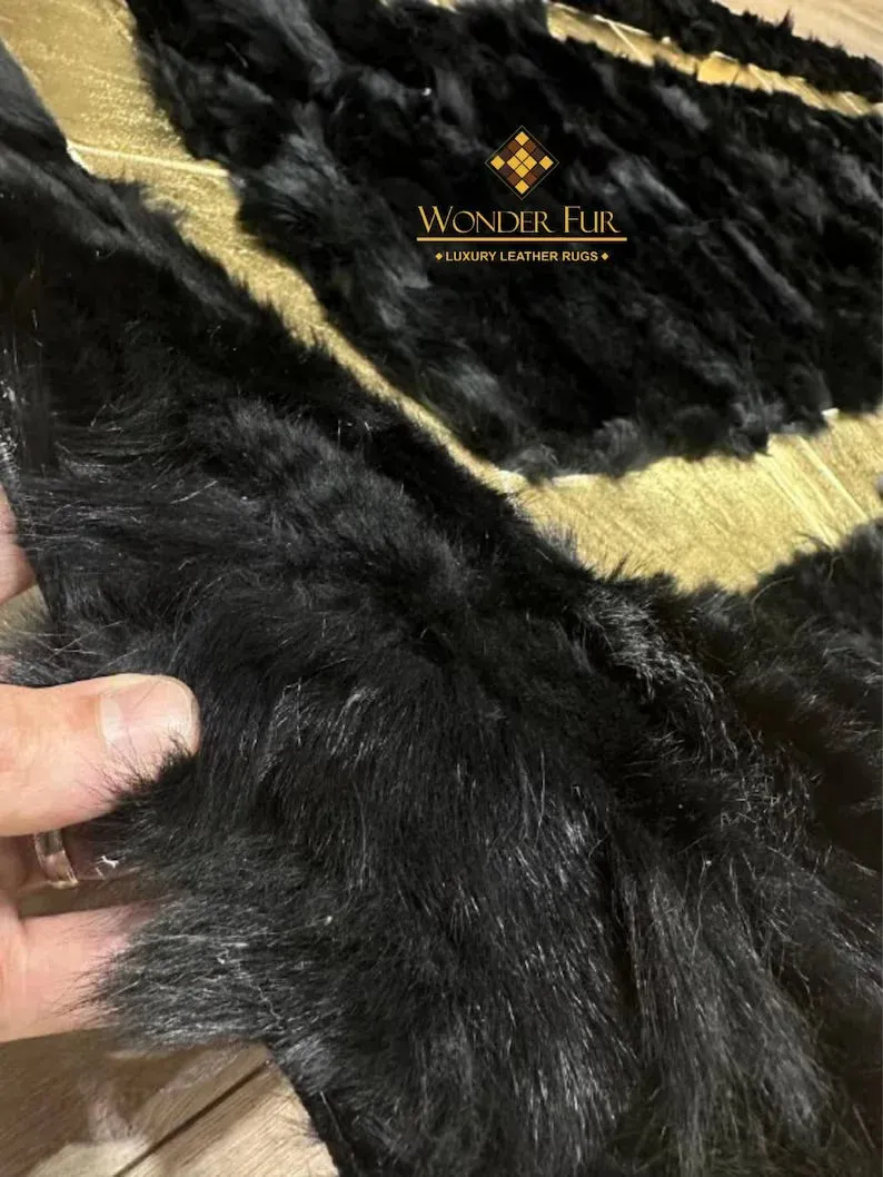 Luxury Black Gold Fluffy Real Handmade Sheepskin Runner Rug