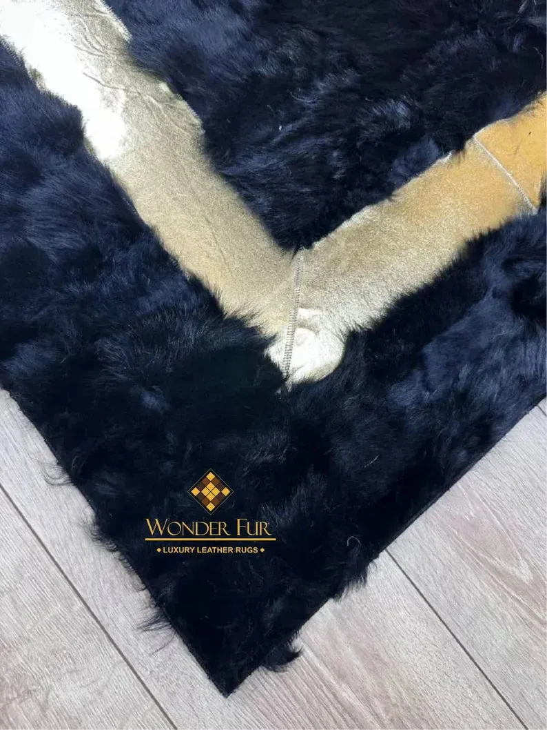 Luxury Black Gold Fluffy Real Handmade Sheepskin Runner Rug