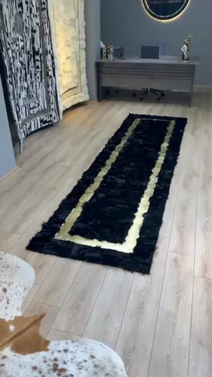 Luxury Black Gold Fluffy Real Handmade Sheepskin Runner Rug