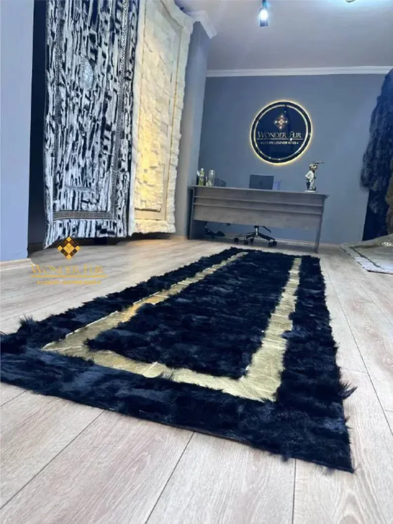 Luxury Black Gold Fluffy Real Handmade Sheepskin Runner Rug