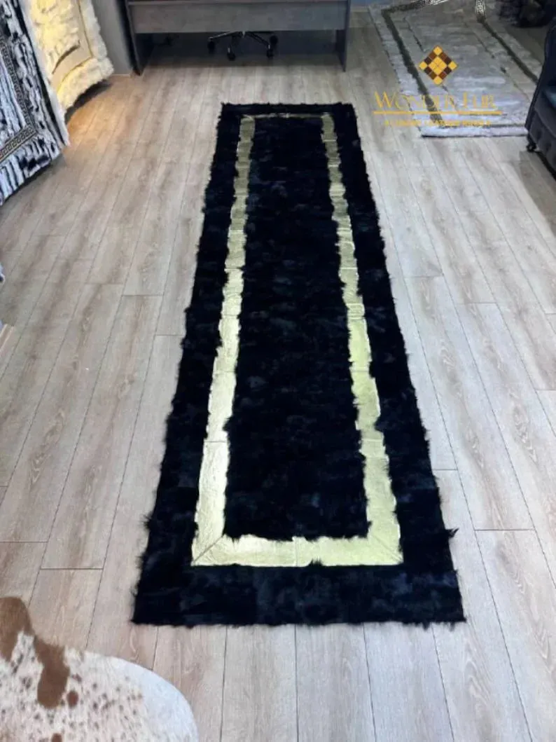 Luxury Black Gold Fluffy Real Handmade Sheepskin Runner Rug