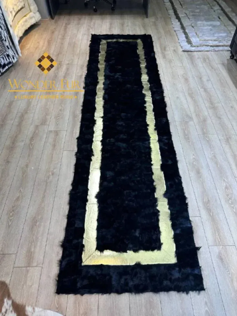 Luxury Black Gold Fluffy Real Handmade Sheepskin Runner Rug