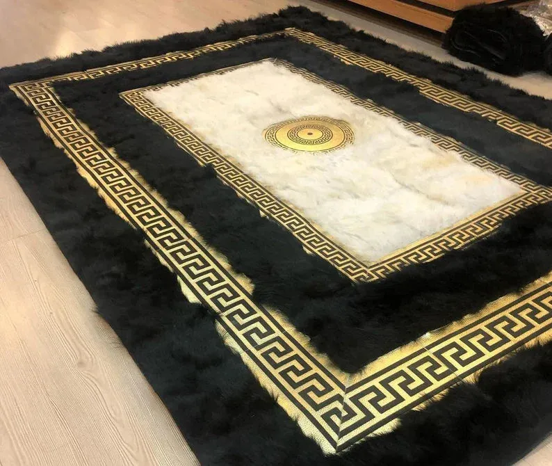 Luxury Black White Natural Sheepskin Area Rug, Gold Greek Key Handmade Rug