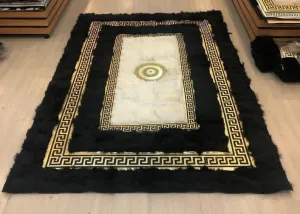 Luxury Black White Natural Sheepskin Area Rug, Gold Greek Key Handmade Rug