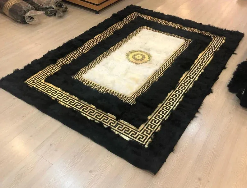 Luxury Black White Natural Sheepskin Area Rug, Gold Greek Key Handmade Rug