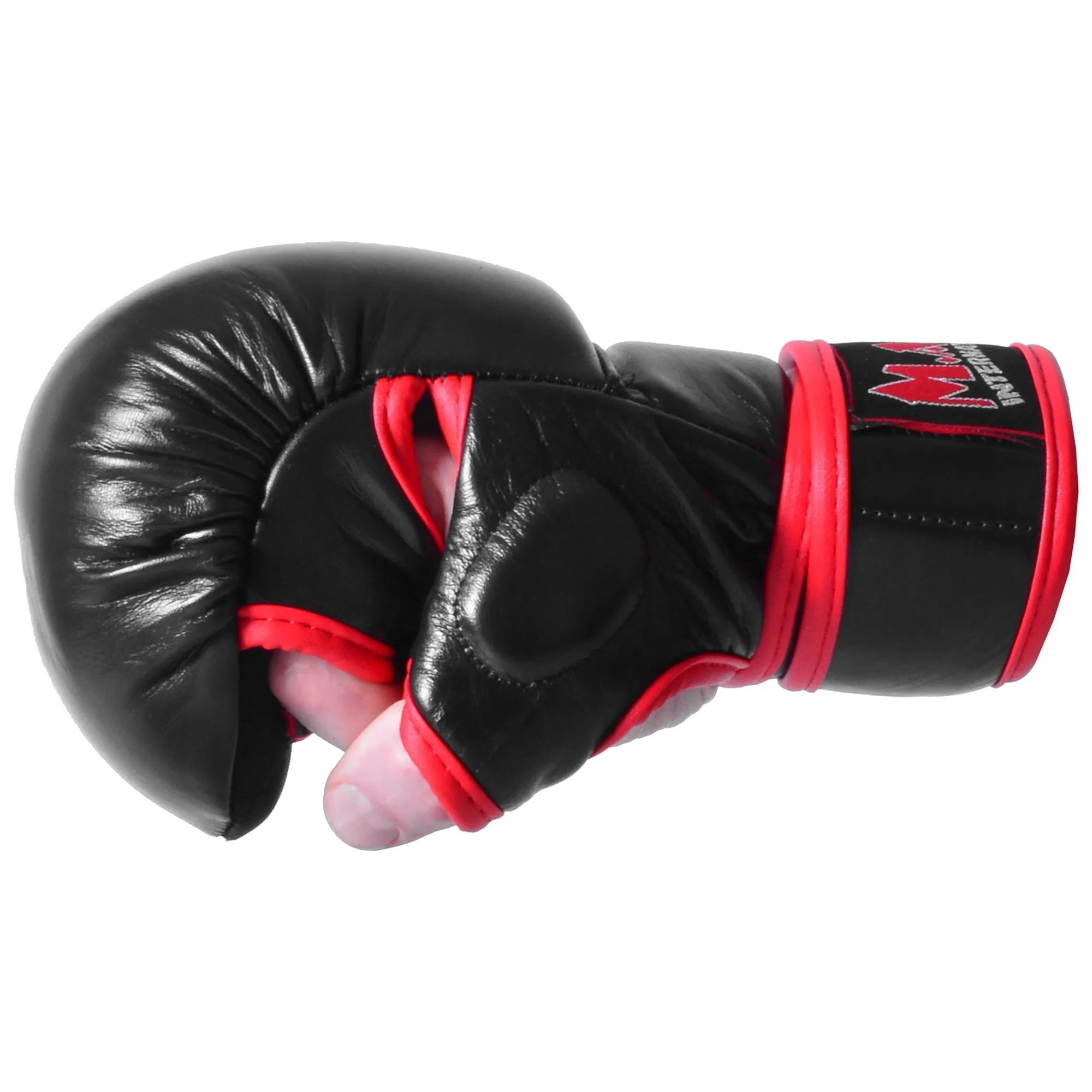 MAR-233B | Genuine Leather Black MMA Gloves w/ Red Piping