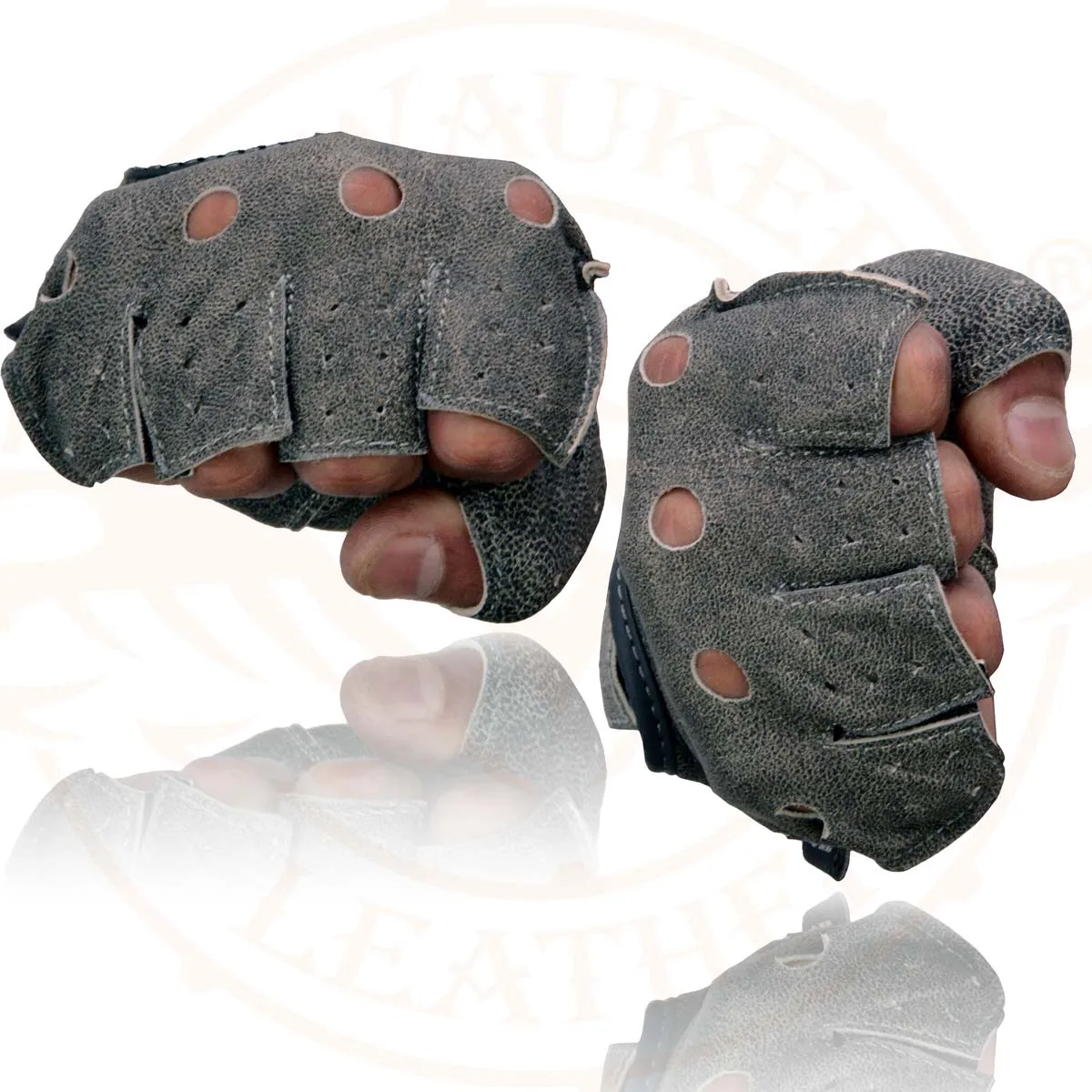 Milwaukee Leather MG7557 Men's Grey Leather Gel Padded Palm Fingerless Motorcycle Hand Gloves W/ Breathable ‘Open Knuckle’