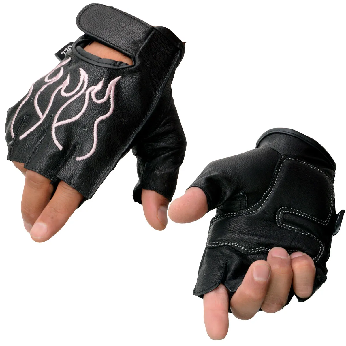 Milwaukee Leather SH198 Women's Black Leather Gel Padded Palm Fingerless Motorcycle Hand Gloves W/ ‘Pink Flame Embroidered’