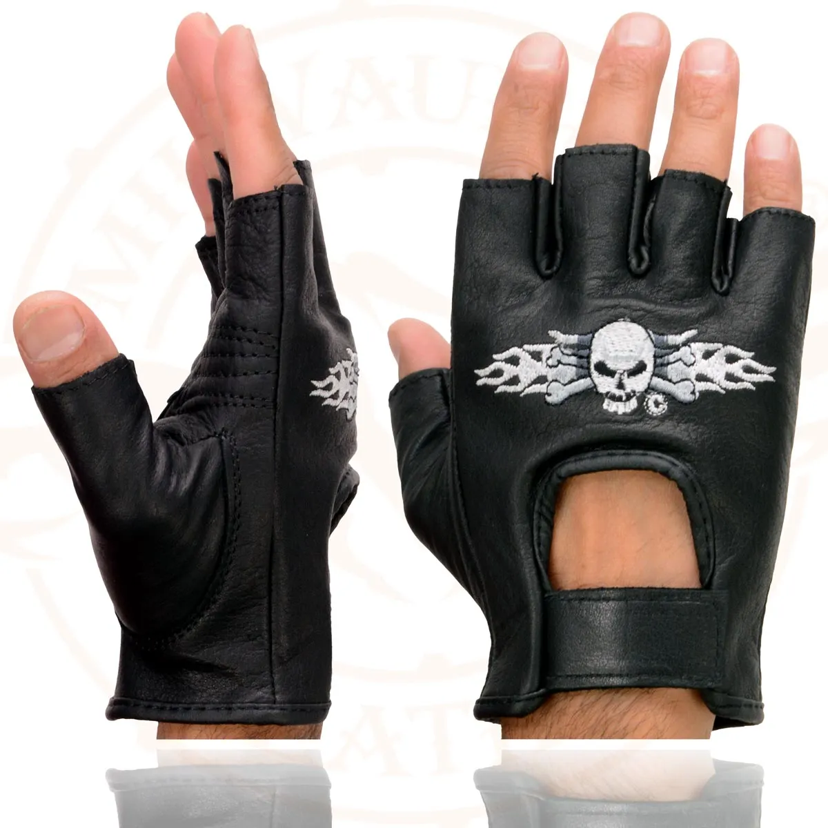 Milwaukee Leather SH353 Men's Black Leather Gel Padded Palm Fingerless Motorcycle Hand Gloves W/ ‘Embroidered Skull & Bones’