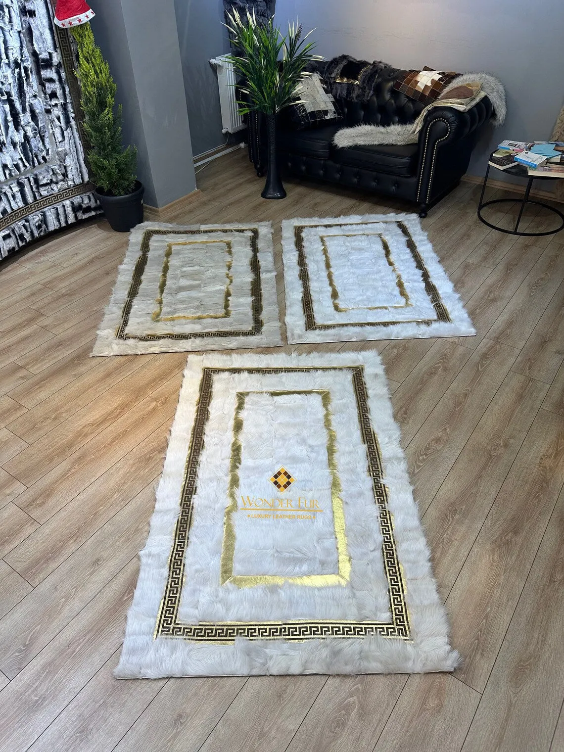 Modern Real Sheepskin White Gold 8x10 Office Rug,Non Slip Handmade Rug