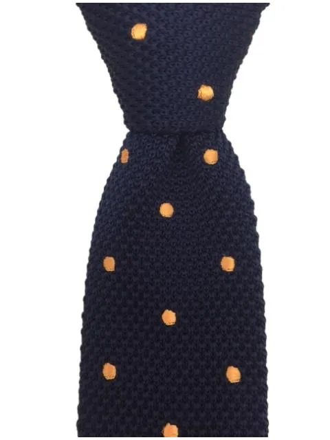 Navy Blue Men's Knit Tie with Orange Polka Dots