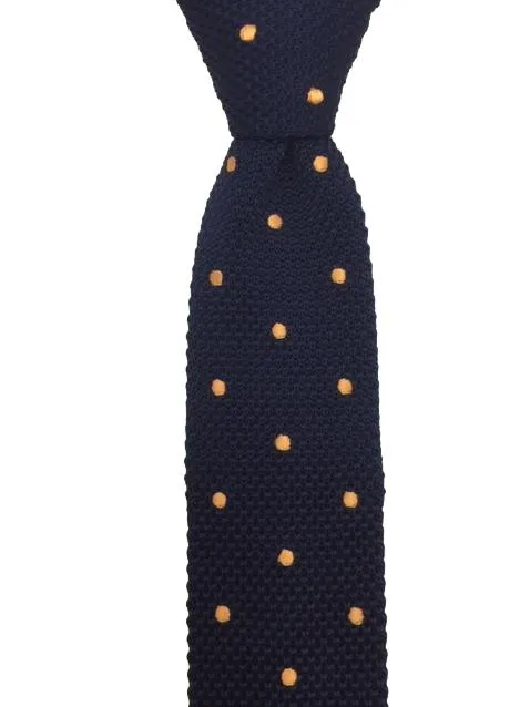 Navy Blue Men's Knit Tie with Orange Polka Dots