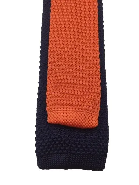 Navy Blue Men's Knit Tie with Orange Polka Dots