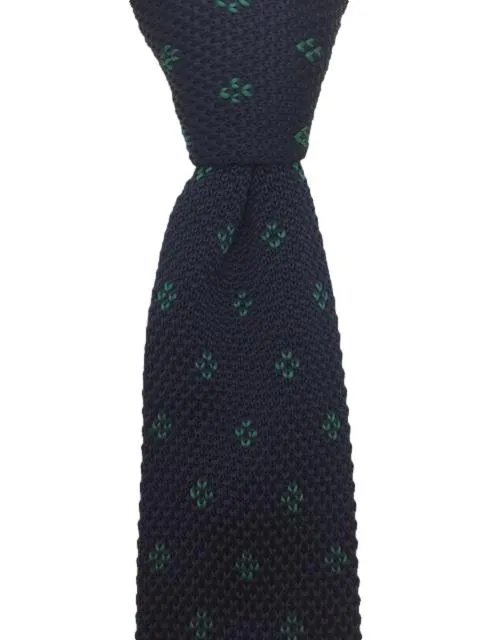 Navy Blue Men's Knitted Tie with Green Motif