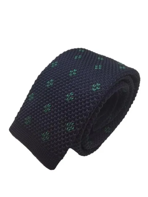 Navy Blue Men's Knitted Tie with Green Motif