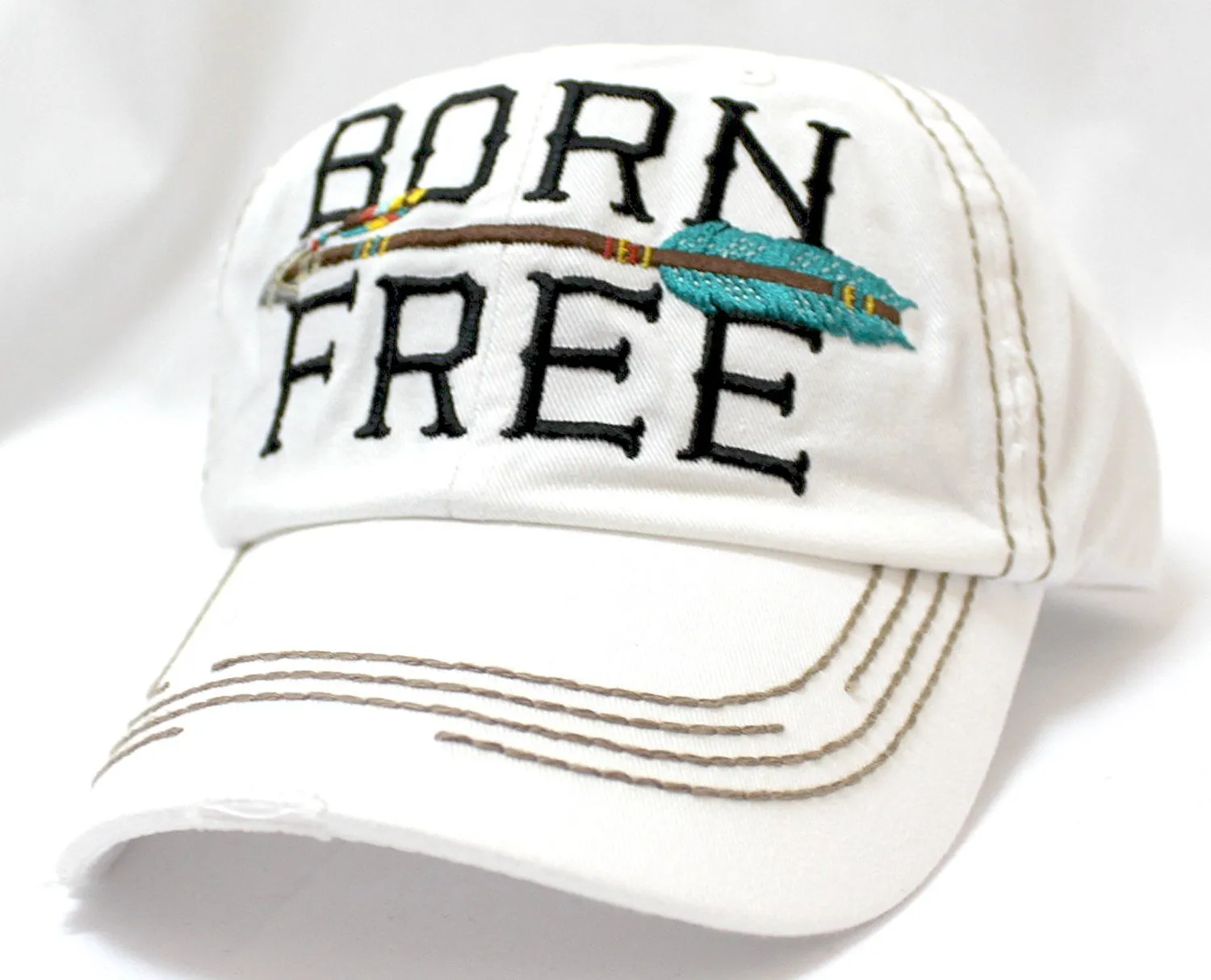 New! IVORY "BORN FREE" Distressed Vintage Cap w/ Arrow Embroidery Adjustable Back