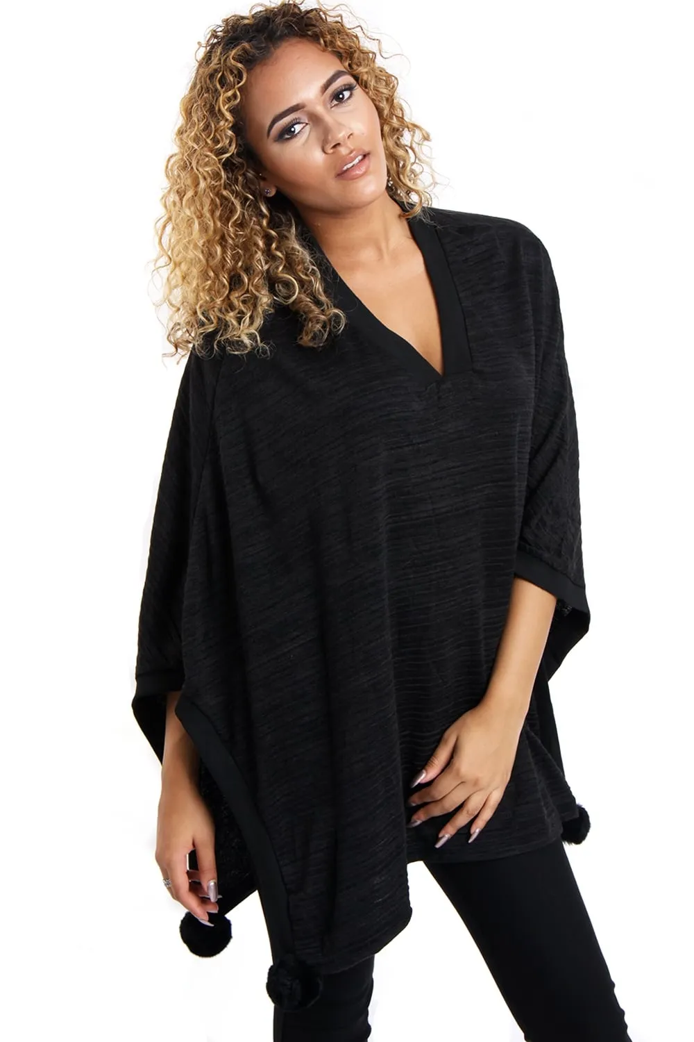 Oversized Pom Pom Poncho Top