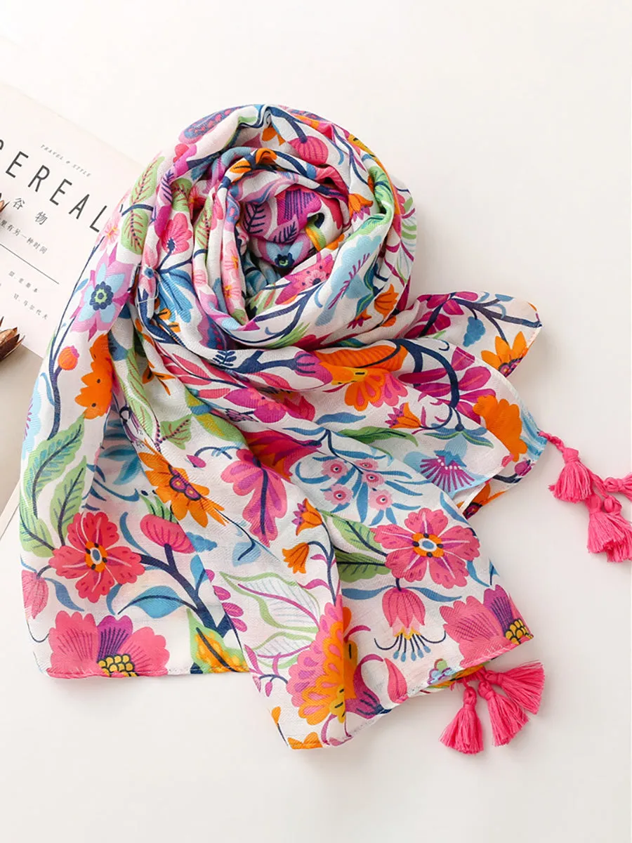 Polyester Tassel Floral Women Vintage Sunscreen Scarf