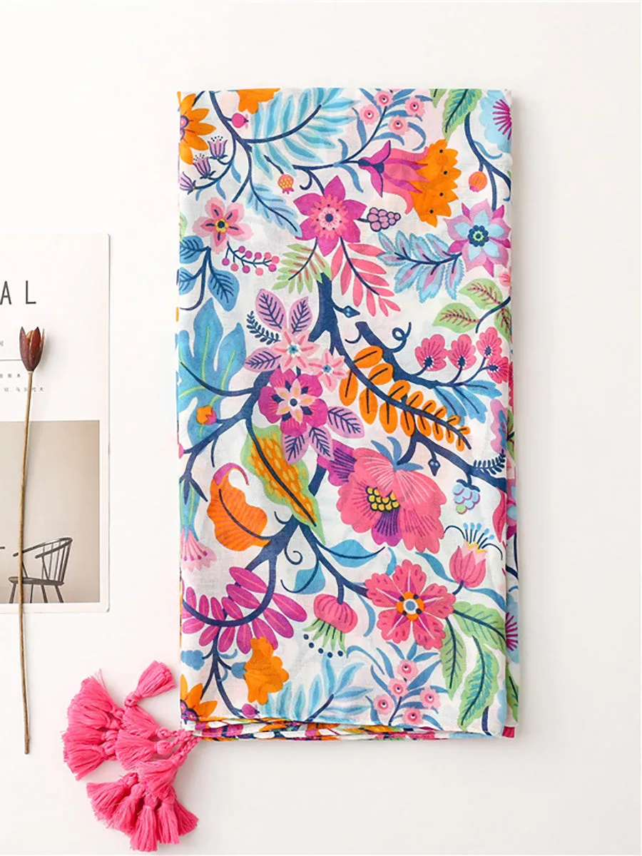 Polyester Tassel Floral Women Vintage Sunscreen Scarf