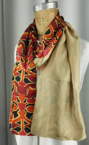 Red Black and Orange Fleur-De-lis Pattern Silk Scarf with Beige Back