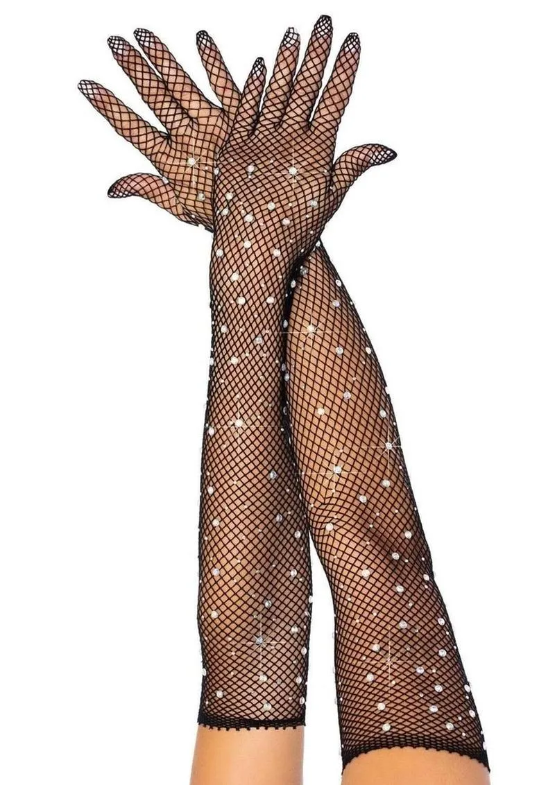 Rhinestone Fishnet Long Gloves - Black