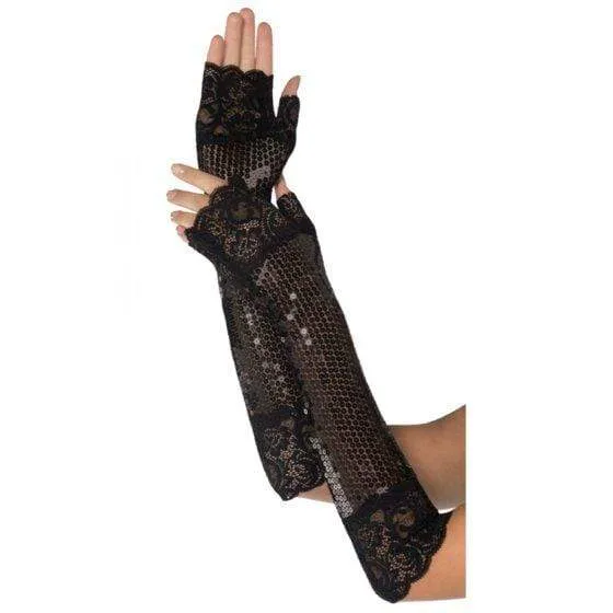 Roaring 20's Fancy Sequin Long Black Fingerless Gloves Each