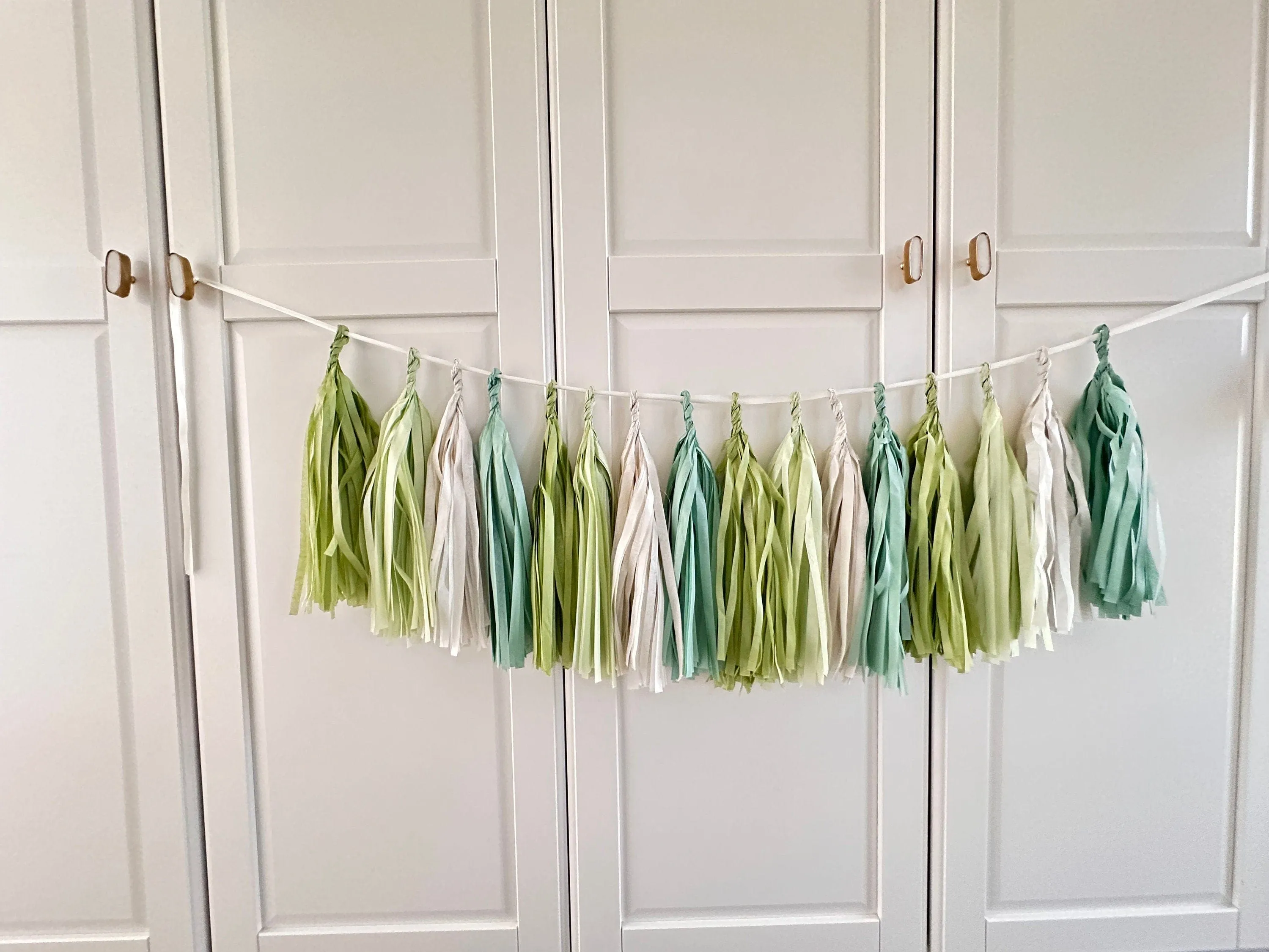 Sage Green and cream paper tassel garland dusty green  fringe banner for 1st Birthday, baby shower, wedding, bridal shower, birthday  deco