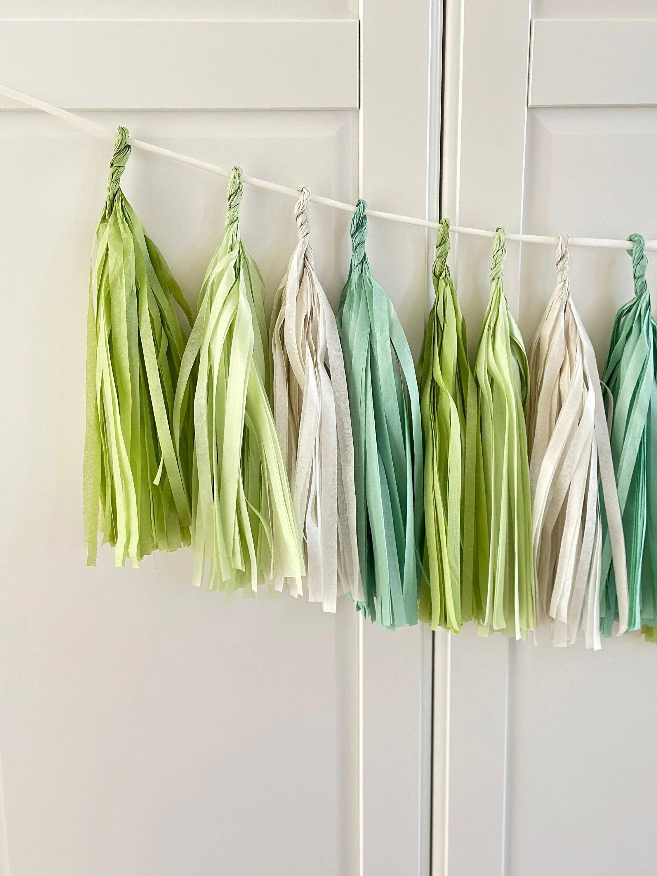 Sage Green and cream paper tassel garland dusty green  fringe banner for 1st Birthday, baby shower, wedding, bridal shower, birthday  deco