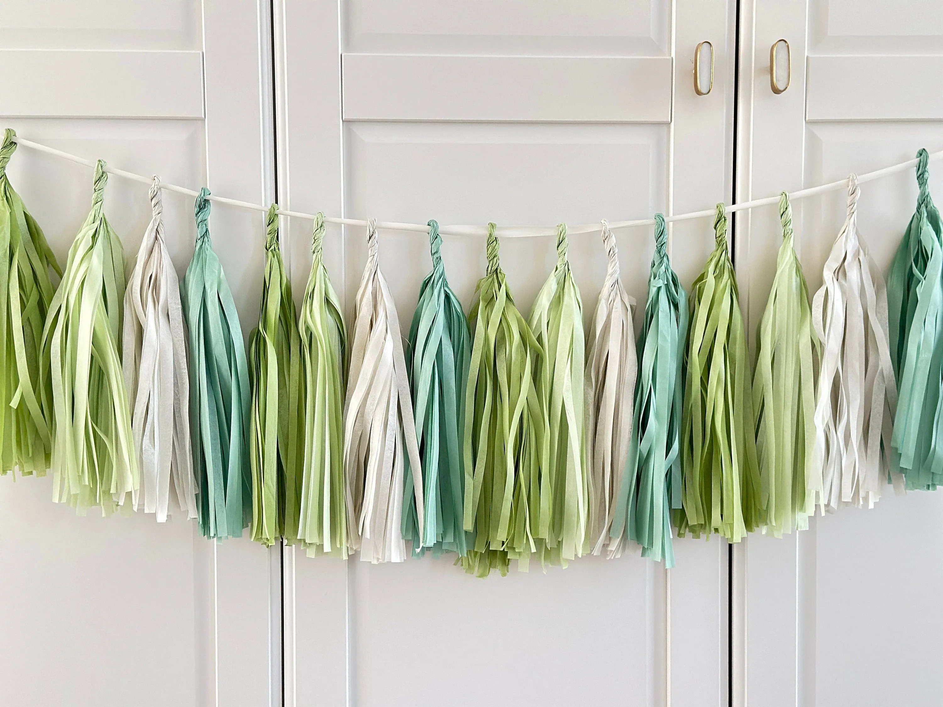 Sage Green and cream paper tassel garland dusty green  fringe banner for 1st Birthday, baby shower, wedding, bridal shower, birthday  deco