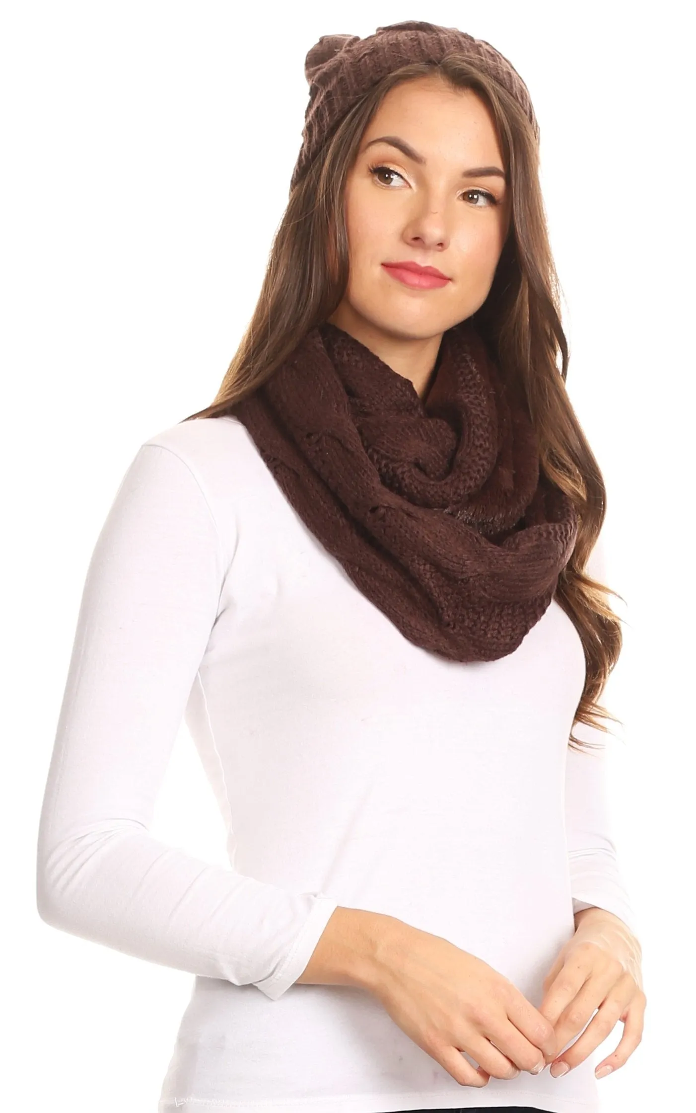 Sakkas Olliey Long Wide Classic Cable Knit Fur Lined Infinity Scarf And Hat Set