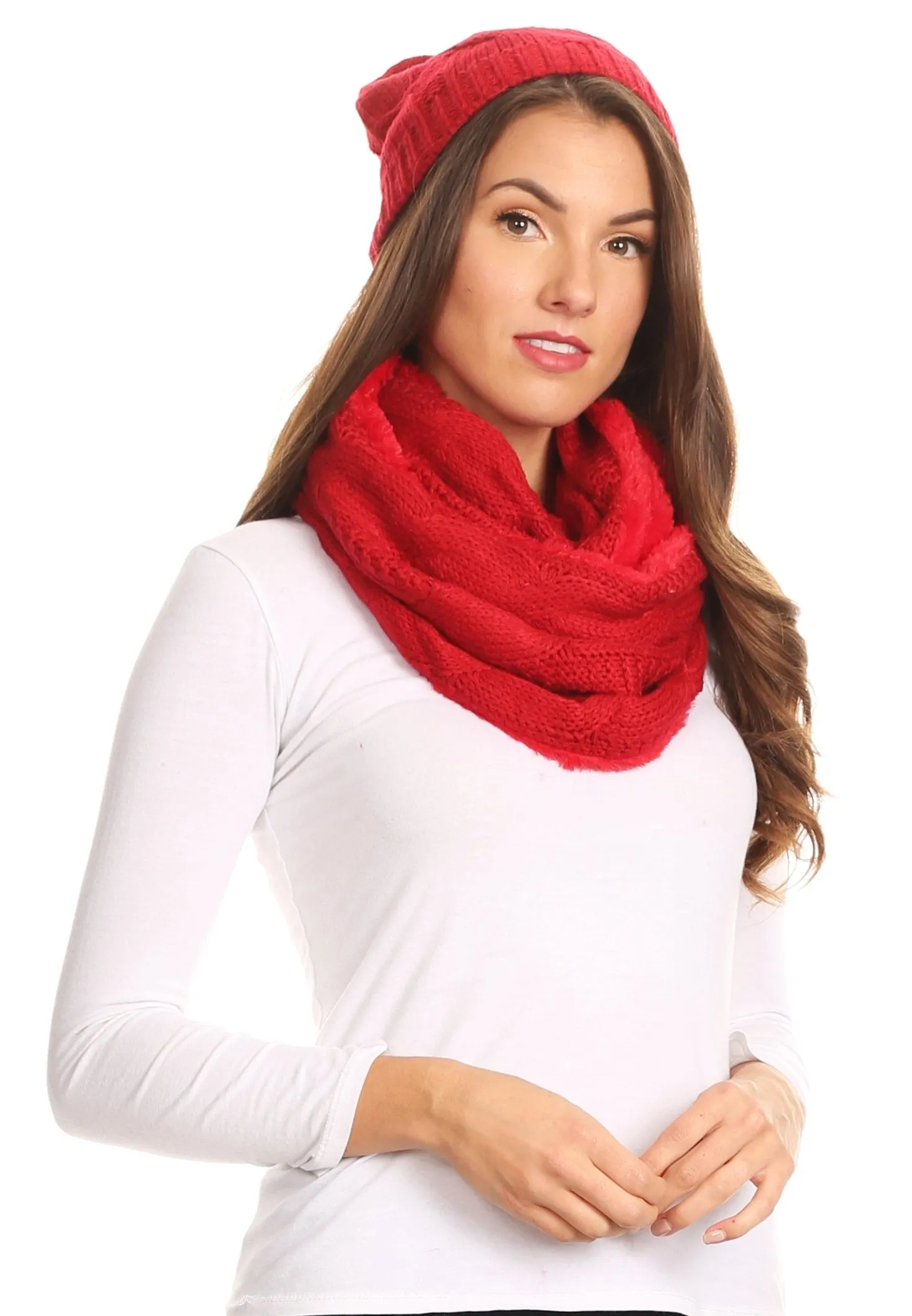 Sakkas Olliey Long Wide Classic Cable Knit Fur Lined Infinity Scarf And Hat Set