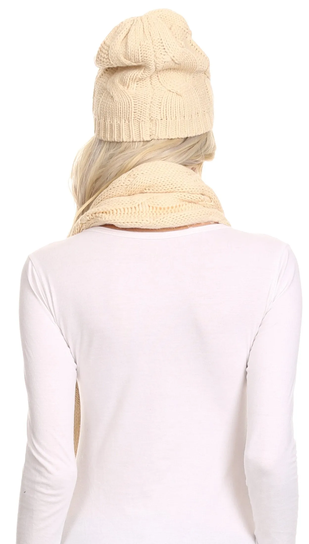 Sakkas Olliey Long Wide Classic Cable Knit Fur Lined Infinity Scarf And Hat Set