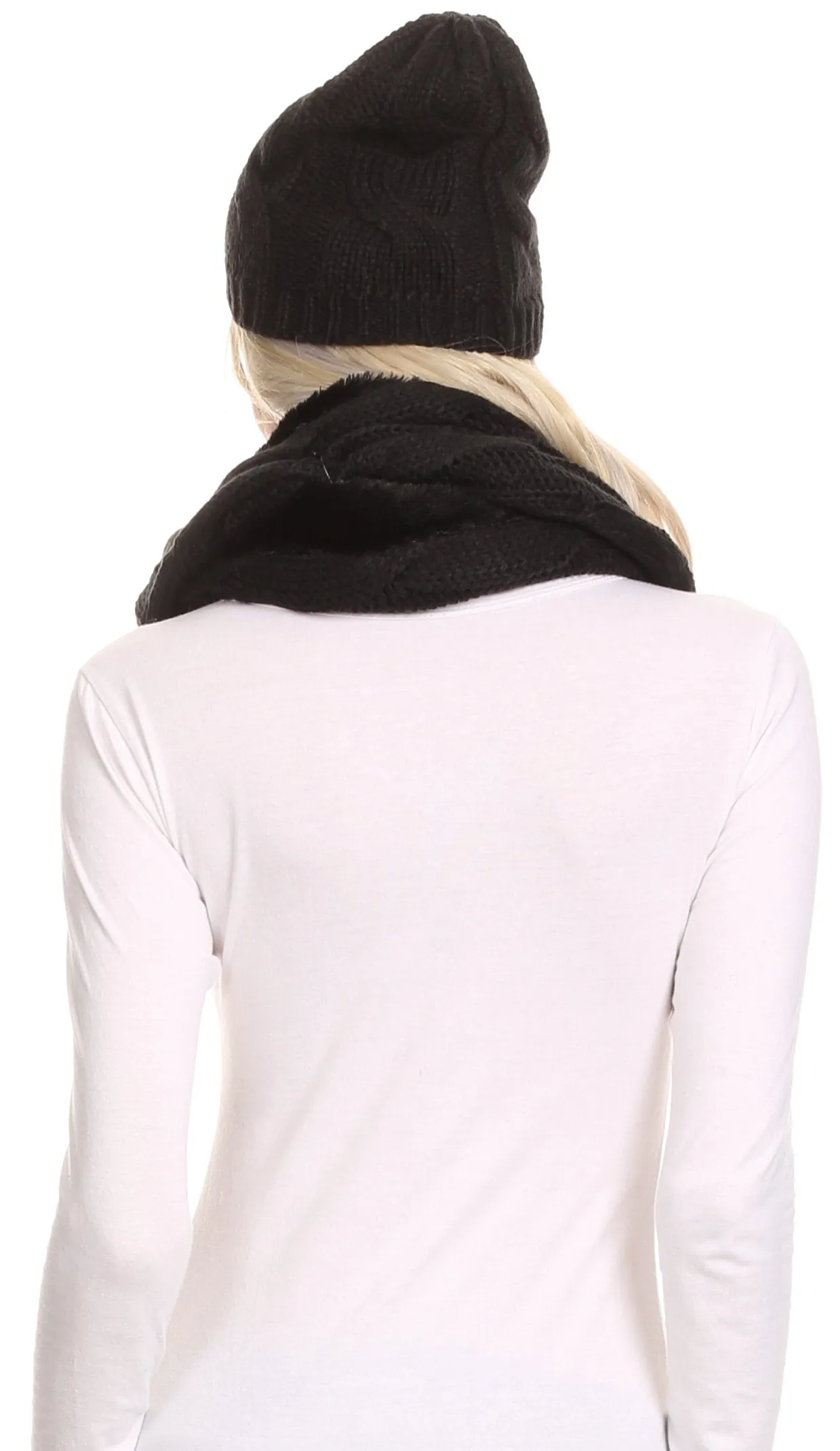 Sakkas Olliey Long Wide Classic Cable Knit Fur Lined Infinity Scarf And Hat Set