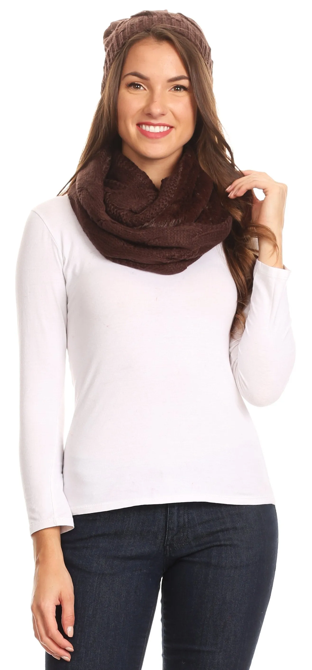 Sakkas Olliey Long Wide Classic Cable Knit Fur Lined Infinity Scarf And Hat Set