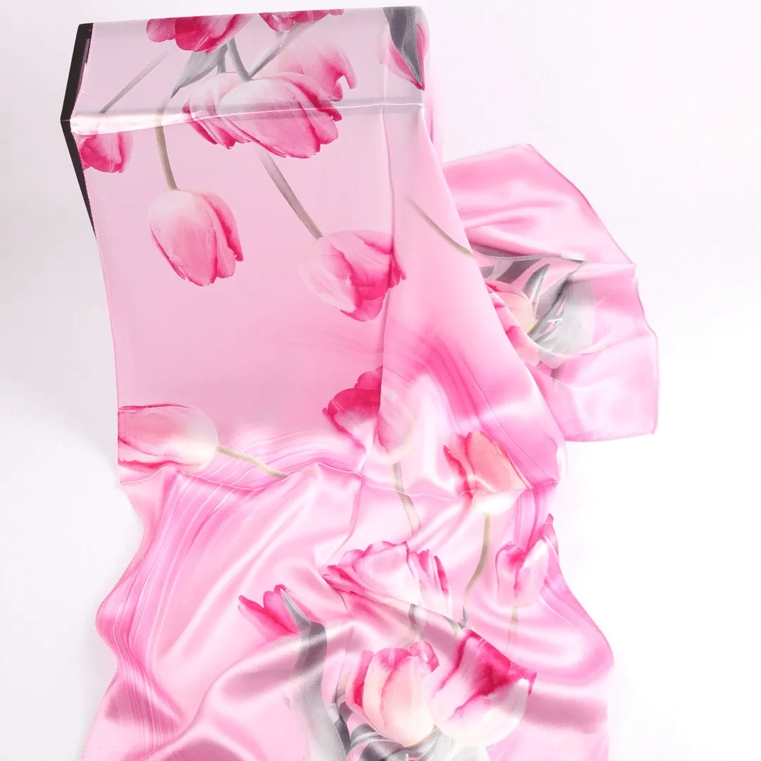 Silk Scarf Collections|Blossom Range|Tulip Design|Pink|Long Silk Scarf